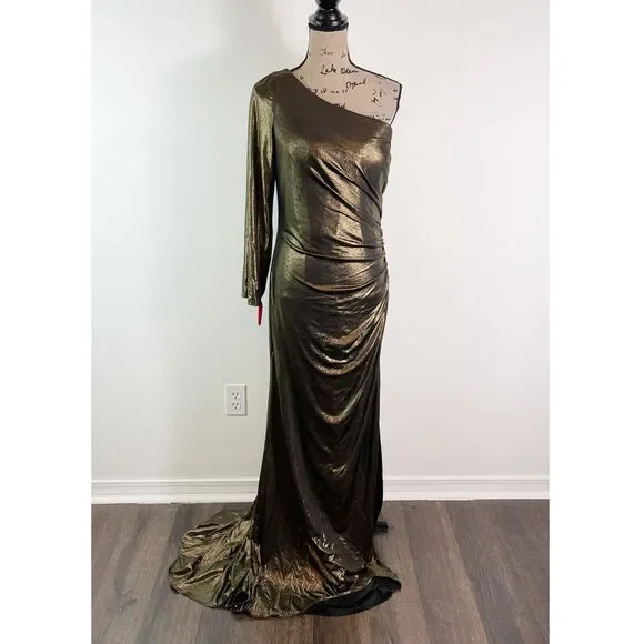 La Femme Curve NWT Metallic 28878 One Shoulder Long Sleeve Gown Black Gold 12 - Picture 3 of 7